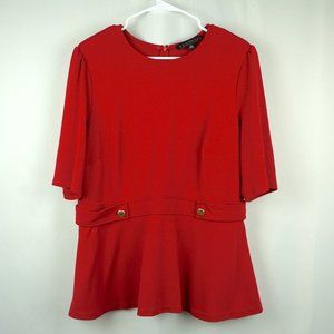 ELOQUII Red Short Sleeve Peplum Top w Gold Button Details, Size 14